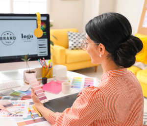 a graphic designer working on her office